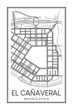 Hand drawn printable downtown road map poster of borough EL CAÑAVERAL of the Spanish city of MADRID on solid white background with city name