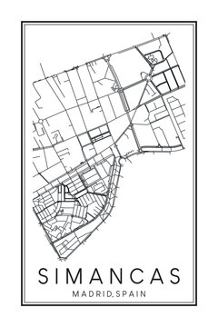 Hand drawn printable downtown road map poster of borough SIMANCAS of the Spanish city of MADRID on solid white background with city name
