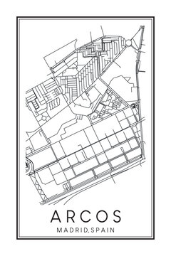 Hand drawn printable downtown road map poster of borough ARCOS of the Spanish city of MADRID on solid white background with city name