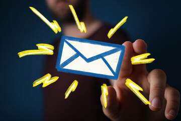 Leinwandbilder - Close-up of a hand interacting with a digital email icon, symbolizing communication and new messages.