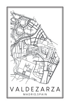 Hand drawn printable downtown road map poster of borough VALDEZARZA of the Spanish city of MADRID on solid white background with city name
