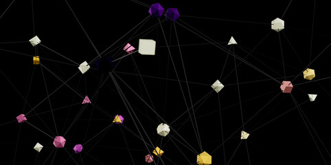 Aufkleber - Colorful 3D geometric shapes connected by lines, representing network, technology, or data.