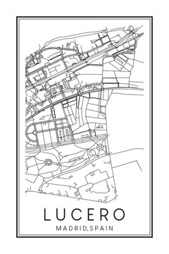Hand drawn printable downtown road map poster of borough LUCERO of the Spanish city of MADRID on solid white background with city name