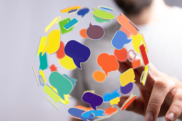 Poster - Abstract image of colorful speech bubbles forming a sphere, representing global communication and networking.