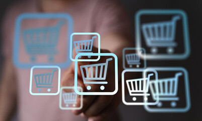 Aufkleber - Person interacts with digital shopping cart icons, representing online shopping and e-commerce.