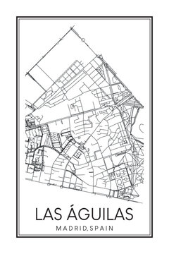 Hand drawn printable downtown road map poster of borough LAS ÁGUILAS of the Spanish city of MADRID on solid white background with city name
