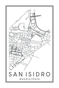 Hand drawn printable downtown road map poster of borough SAN ISIDRO of the Spanish city of MADRID on solid white background with city name