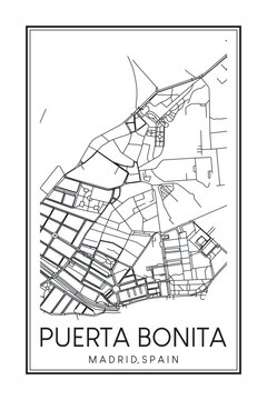 Hand drawn printable downtown road map poster of borough PUERTA BONITA of the Spanish city of MADRID on solid white background with city name