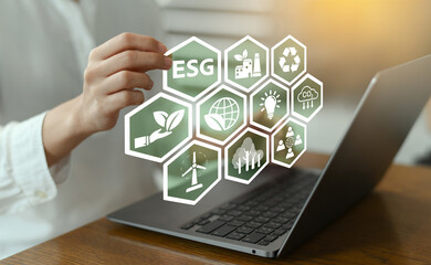 Aufkleber - Focused women analyze corporate ESG strategy for sustainable business development social governance and environment investment goals using ESG digital icons and organization technology