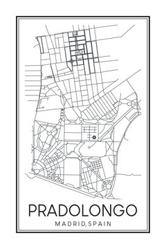 Hand drawn printable downtown road map poster of borough PRADOLONGO of the Spanish city of MADRID on solid white background with city name