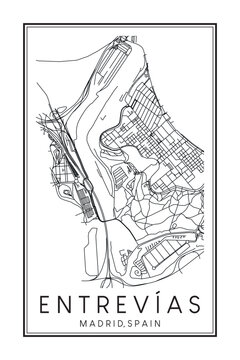 Hand drawn printable downtown road map poster of borough ENTREVÍAS of the Spanish city of MADRID on solid white background with city name
