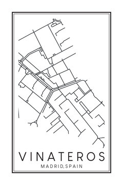 Hand drawn printable downtown road map poster of borough VINATEROS of the Spanish city of MADRID on solid white background with city name