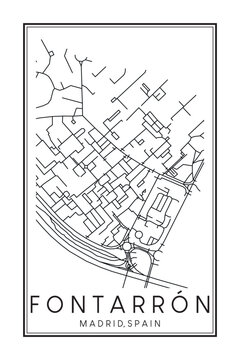 Hand drawn printable downtown road map poster of borough FONTARRÓN of the Spanish city of MADRID on solid white background with city name