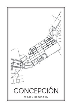 Hand drawn printable downtown road map poster of borough CONCEPCIÓN of the Spanish city of MADRID on solid white background with city name
