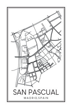 Hand drawn printable downtown road map poster of borough SAN PASCUAL of the Spanish city of MADRID on solid white background with city name