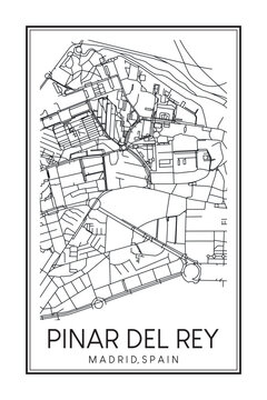 Hand drawn printable downtown road map poster of borough PINAR DEL REY of the Spanish city of MADRID on solid white background with city name