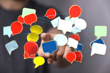 Poster - abstract image of interconnected speech bubbles representing global communication and networking.
