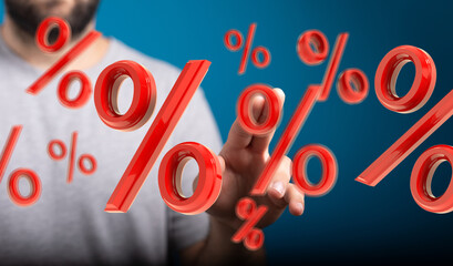 Poster - Image depicts a person interacting with floating percentage symbols, ideal for illustrating discounts, sales, interest rates, or financial concepts.