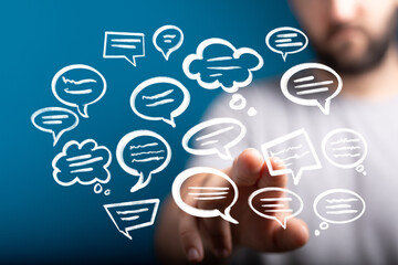 Aufkleber - Hand interacting with digital speech bubbles, concept for communication, social media, or online chat.