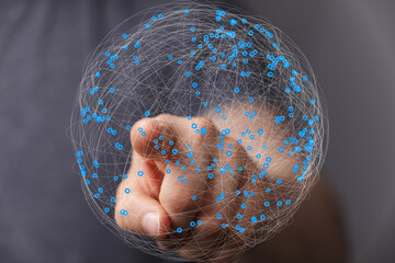 Poster - abstract image of a hand interacting with a digital sphere representing global network connections a