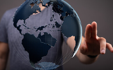 Poster - A man interacts with a digital 3D globe, symbolizing global connection and networking.
