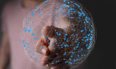 Aufkleber - Abstract image of a hand interacting with a digital sphere representing global network connections.