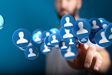 Fototapete - Abstract image of a person interacting with a digital network of social media profiles.  Perfect for technology and social media.