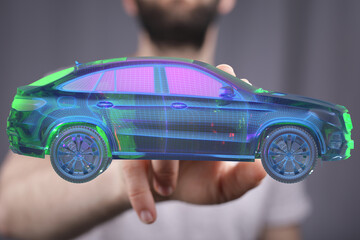 Poster - Person interacting with a 3D model of a car, showcasing automotive technology.