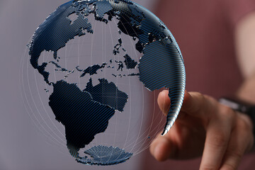 Poster - Person's finger touches a digital globe, symbolizing global connection and networking.
