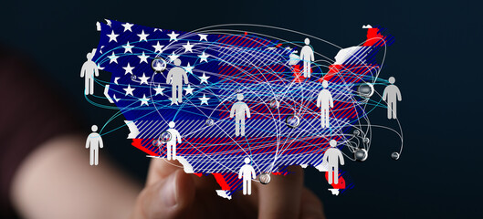 Poster - A digital illustration of interconnected people across the United States.  Represents networking, community, or national unity.