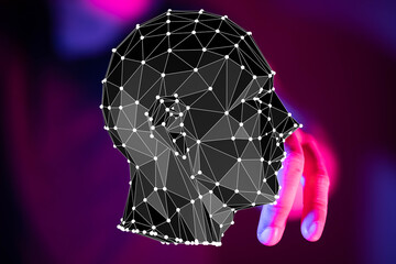 Leinwandbilder - Futuristic AI concept.  Digital head model and hand, representing technology and connection.