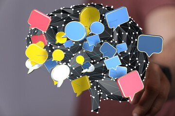 Poster - abstract image of a brain with interconnected speech bubbles, representing communication and network