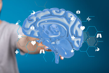 Poster - 3D brain model with medical icons.  Perfect for healthcare, technology, and neuroscience concepts.