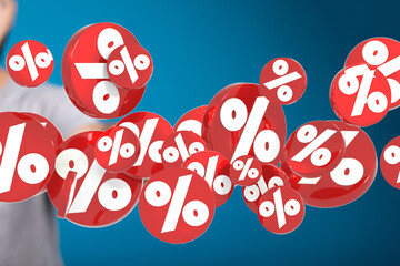 Poster - 3D render of red percentage symbols floating, ideal for sale, discount, and marketing.