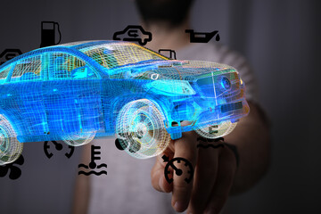 Poster - 3D rendering of a car with digital maintenance icons. Perfect for automotive technology, repair, and diagnostics.