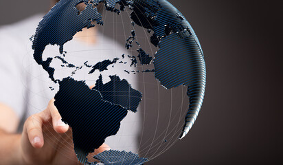 Poster - Person interacting with a 3D digital globe, symbolizing global connectivity and networking.