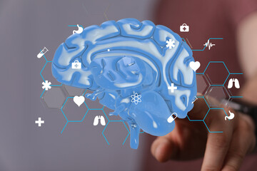 Aufkleber - High-quality stock photo of a 3D brain model with various medical icons, perfect for healthcare, technology, and medical research.