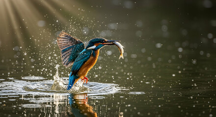 majestic kingfisher emerges from water with catch under sunlit skies