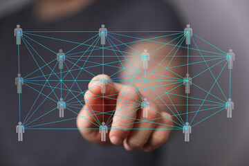 Aufkleber - A finger interacts with a digital network, showing interconnected people. Represents global communication, teamwork, and social media.