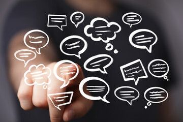 Aufkleber - Image depicts hand interacting with digital speech bubbles, symbolizing communication, ideas, and online discussions.