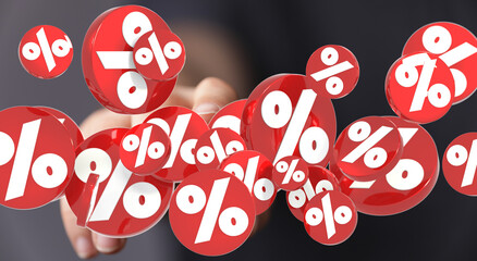 Poster - 3D render of red percentage symbols floating, ideal for discount, sale, finance concepts.
