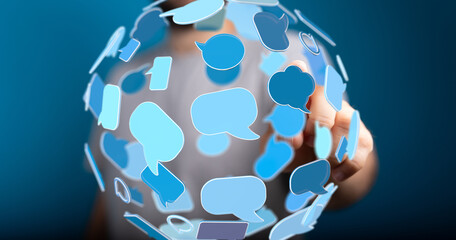 Aufkleber - Hand interacts with a digital sphere of communication bubbles, representing global networking and online chat.
