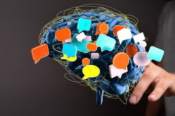 Poster - Abstract image of a brain with colorful speech bubbles, representing communication, ideas, and thought processes.