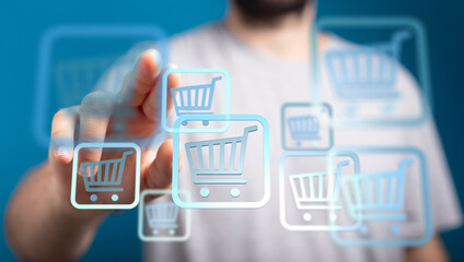 Aufkleber - Person using touchscreen, selecting online shopping carts. E-commerce, digital shopping concept.