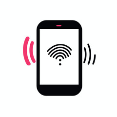 Poster - Minimalist flat design smartphone with wireless signal icon and vibration waves representing mobile connectivity and communication alerts
