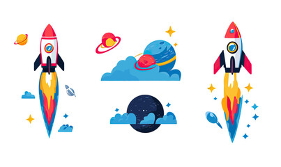Poster - Colorful cartoon rockets taking off with planets stars clouds space exploration flat vector illustration set
