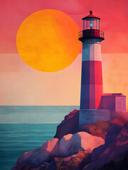 Poster - Minimalist Maritime Design Vibrant Geometric Lighthouse Composition Exploring Color, Form, and Spatial Dynamics in Contemporary Visual Storytelling