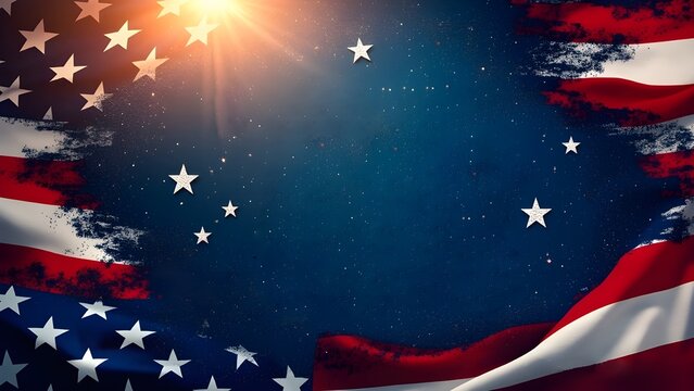 4th of July Text Set Against a Blue Bokeh Lights Texture and American Flags

