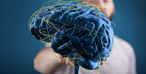 Poster - 3D model of human brain with highlighted neural pathways.  Perfect for neurology, AI, and cognitive science.