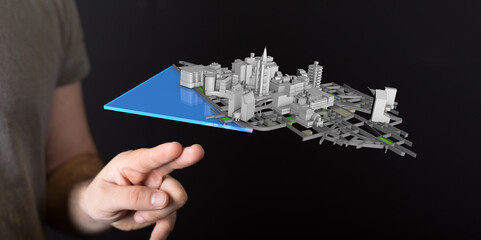 Aufkleber - Hand interacting with a 3D model of a city, showcasing urban planning and technology.
